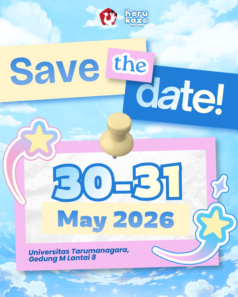 harufest's tweet photo. 🌊✨ Harukaze Festival 2026 ✨🌊

Catat tanggalnya yaa!!

🗓️Sabtu 30 Mei &amp; Minggu 31 Mei 2026 
📍Lokasi: Auditorium &amp; Graha Swara Lt 8, Gedung M, Universitas Tarumanagara 

🎟️HTM: FREE!!!

📷 Instagram: @harufest_soushin
📷 Instagram &amp; TikTok @soushin_untar https://t.co/9movwyUH22
