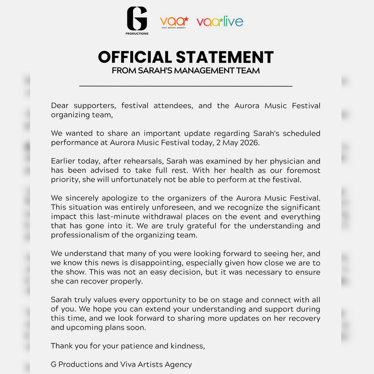 Sarah Geronimo will not be performing at Aurora Music Festival today.