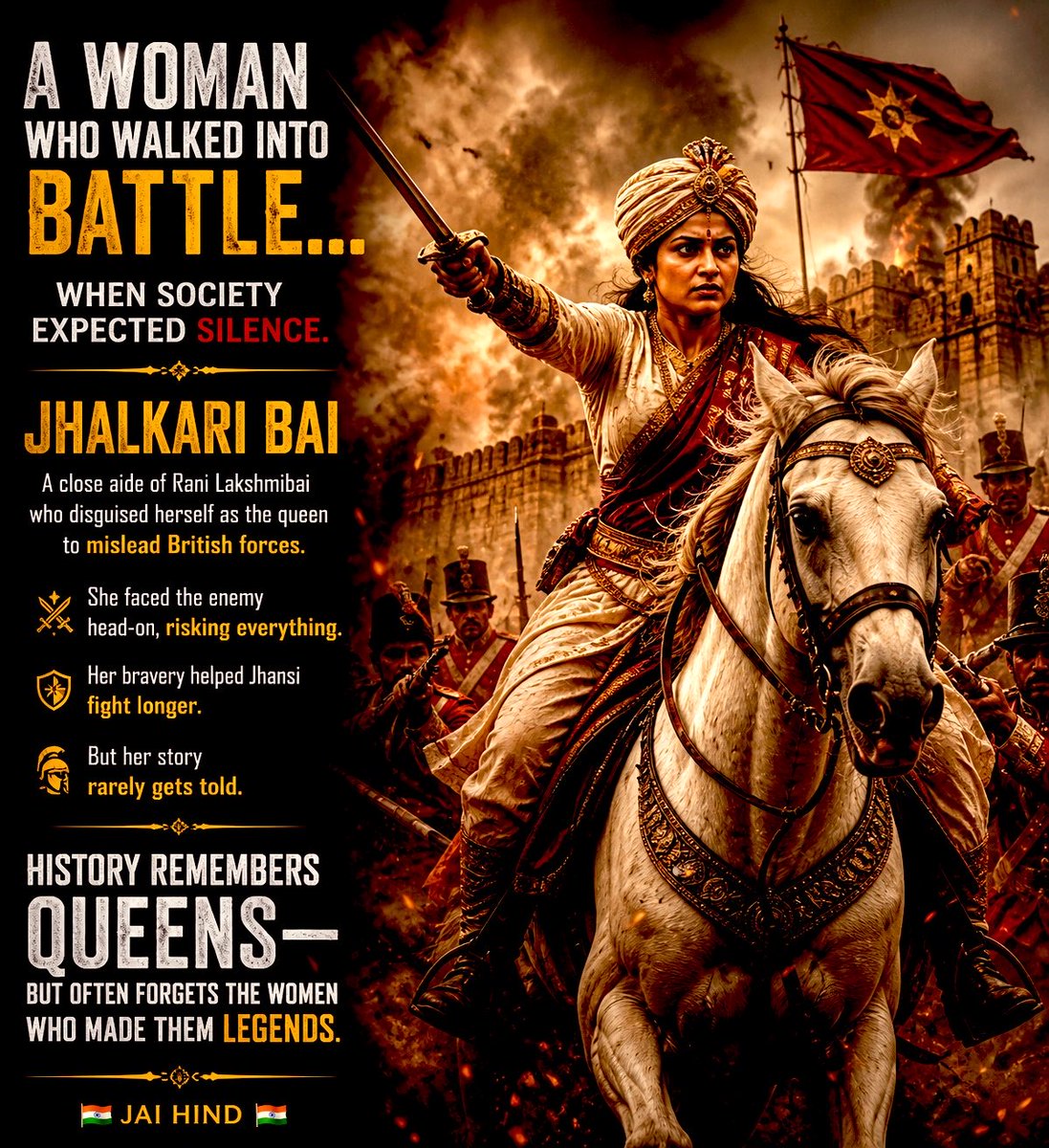 Sumita327's tweet photo. A woman who walked into battle, 
when society expected silence. 🔥

Jhalkari Bai - a close aide of Rani Lakshmibai, disguised herself as the queen to mislead British forces…

She faced the enemy head-on, risking everything.

Her courage helped Jhansi fight longer.

But her story is rarely told.

History remembers queens - 
but often forgets the women who made them legends. 🙏