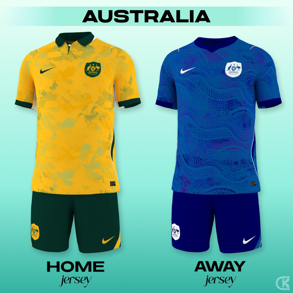 curriedkits's tweet image. 14/48 - #Australia 

The home's an offshoot of the out-there '90 home kit, though with more subtle green patches.
The away uses a different shade of blue than what I've usually seen, with a Dreamtime pattern in a watercolor style.