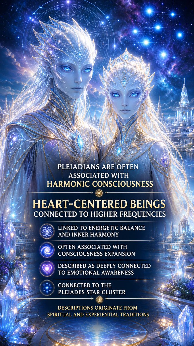 CodexManifest's tweet image. Pleiadians- commonly associated with:
• heart-centered awareness 🩵
• emotional harmony
• energetic healing
• creativity and intuition
• balance between intellect and compassion ☯️

Symbolic references

#pleiadians #starseed #spiritualawakening #conciousness #higherself