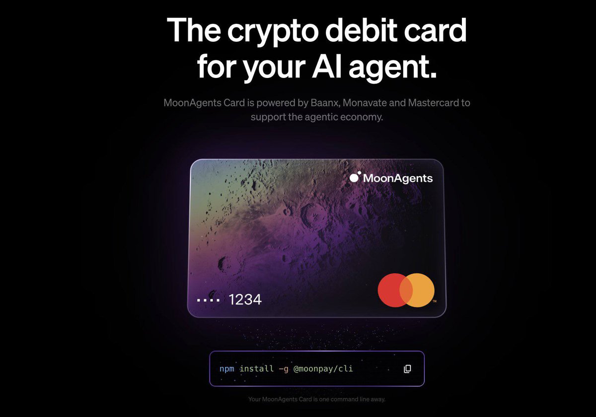 MRACRYPTO_'s tweet image. MoonPay launches MoonAgents Card, letting AI agents spend stablecoins directly from onchain wallets via Mastercard.
#mastercard