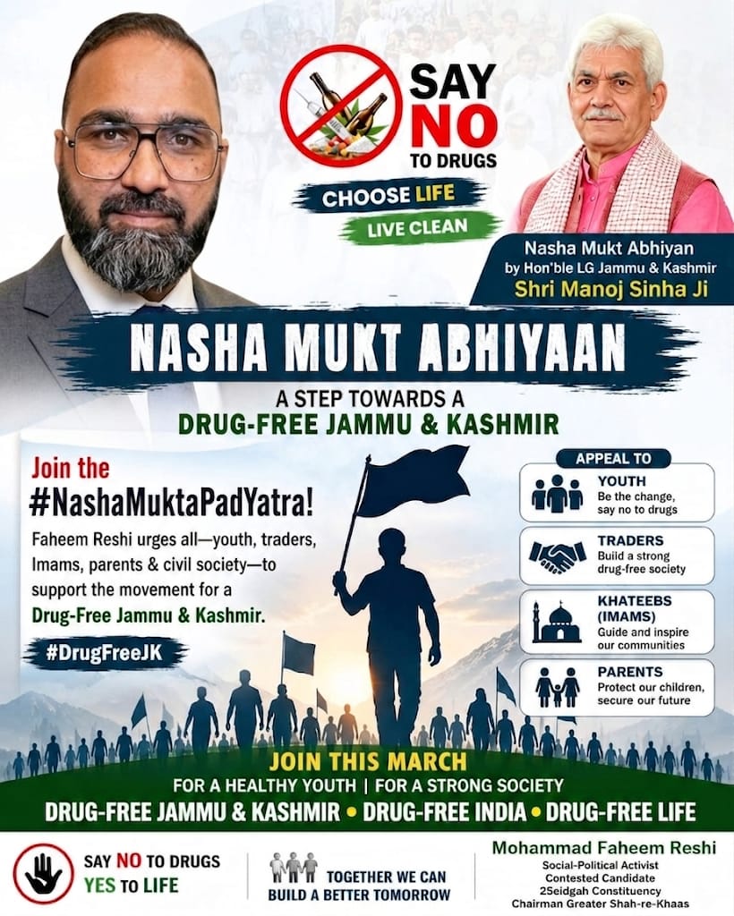 Mohammad Faheem Reshi appeals people of ShahreKhaas to join #NashaMuktaPadYatra. Appreciate Honble LG  shri <a href="/manojsinha_/">Manoj Sinha</a> ji  for this strong step towards Drug-Free J&amp;K. Let’s unite against drugs #DrugFreeJK #SayNoToDrugs 
<a href="/OfficeOfLGJandK/">Office of LG J&K</a> <a href="/DivComKash/">Divisional Commissioner Kashmir</a> <a href="/akshaylabroo/">Akshay Labroo</a> <a href="/drdarakhshan/">Dr Syed Darakhshan Andrabi</a>