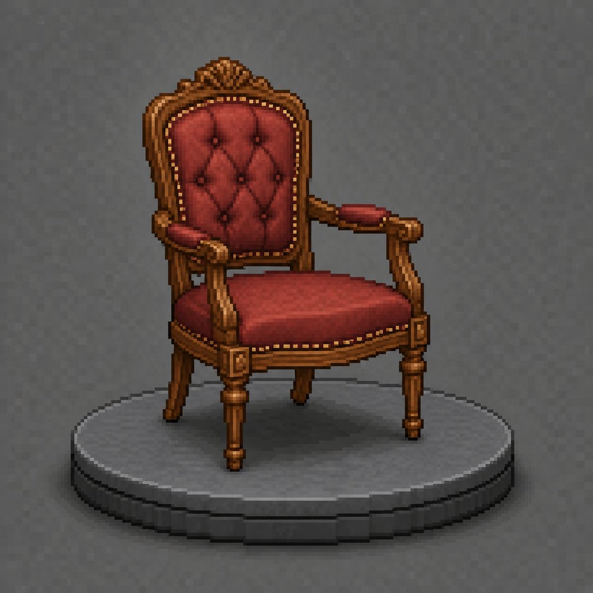 enzidore's tweet image. 32-bit classic royal chair on a turntable 🪑✨
Pixelated carved wood, deep red tufted fabric, and a granite grey showcase background.
Classic furniture, reimagined as retro pixel art.

#PixelArt #RetroArt #FurnitureDesign #ClassicFurniture #32BitArt #DigitalArt #InteriorDesign