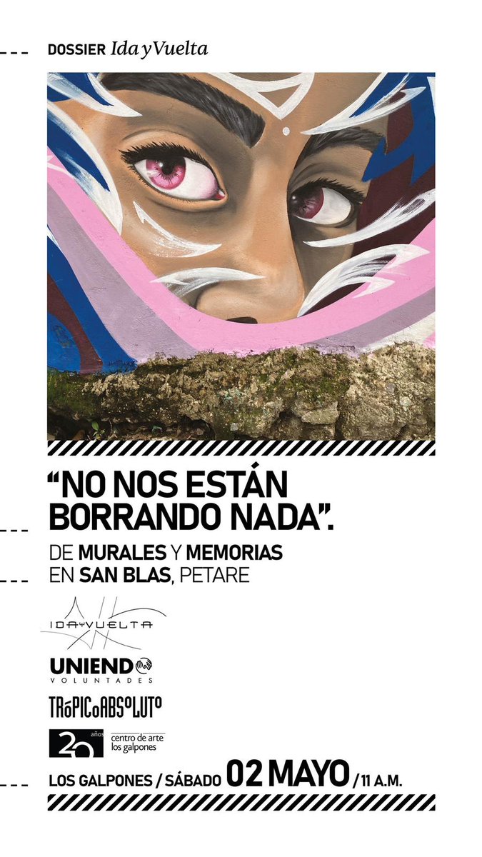 Este sábado #2May a las 11:00 AM en el Galpón 17 se presentará la charla "No nos están borrando nada. De murales y memorias en San Blas, Petare" junto a (@idayvuelta_reacin) (@tropicoabsolutorevista) y (@uniendovoluntades19) 2 de mayo de 2026
11:00 AM.
Entrada libre.