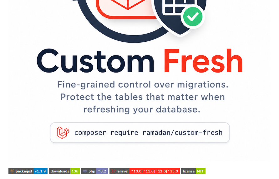 mmramadan496's tweet photo. It might be a bit late, but I’ve released a new version of **Custom Fresh** that supports @laravelphp 13. 😅

This update also includes a redesigned logo and some structural improvements. 🎉

🔗https://t.co/mQplouKyTo

#PHP #Laravel #SQL #Database #GitHub https://t.co/AXuZLxPS3Z