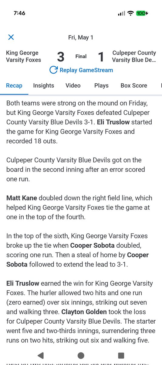 KGHS_VBaseball's tweet photo. KG traveled to Culpeper for a game.  They came away with a hard fought win thanks in large part to dominate pitching by @ETruz3 and @Matthewkane299 .  Eli went 6 allowing 1 unearned run and Kane came in to get the save.  The Foxes are home for 3 games next week starting Mon. https://t.co/atxI3DzbX3
