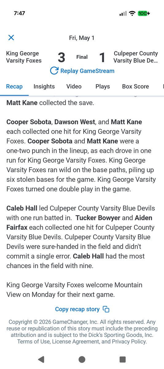 KGHS_VBaseball's tweet photo. KG traveled to Culpeper for a game.  They came away with a hard fought win thanks in large part to dominate pitching by @ETruz3 and @Matthewkane299 .  Eli went 6 allowing 1 unearned run and Kane came in to get the save.  The Foxes are home for 3 games next week starting Mon. https://t.co/atxI3DzbX3