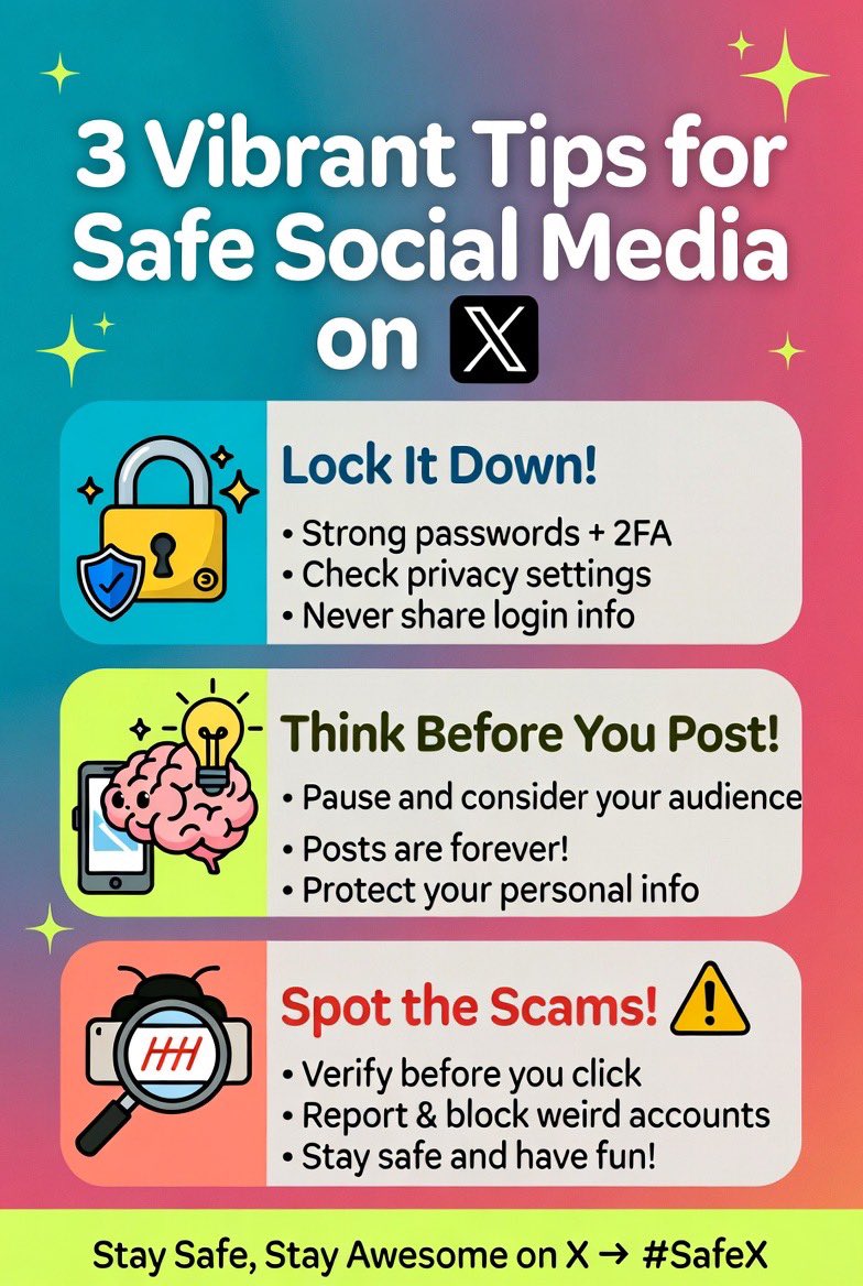 hyojugbt's tweet photo. Task 6

Here are 3 tips for staying safe on social media from Grok! 🤖

Lock it down, think before you post, and spot the scams! 🔒💭⚠️

#HUFSBizCom https://t.co/FyD22XioO3