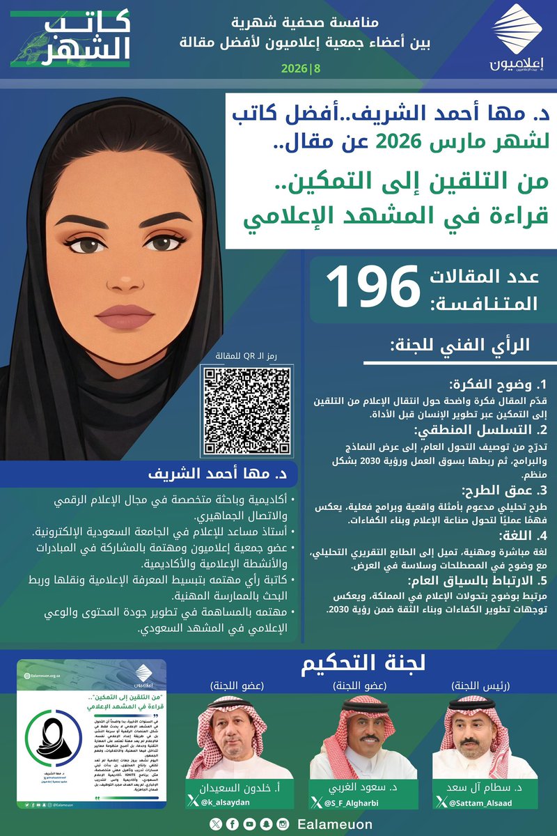 ealameuon's tweet photo. #كاتب_الشهر | جمعية #إعلاميون تختار الزميلة الدكتورة مها الشريف @imahaalshreef كـ #أفضل_كاتب لشهر مارس 2026 عن مقاله: "من التلقين إلى التمكين.. قراءة في المشهد الإعلامي"، وذلك من بين 196 مقالة نشرت خلال الشهر نفسه..
تهانينا للدكتورة مها.. ونتطلع لنتائج المنافسة الخاصة بشهر إبريل  2026
وكل الشكر للزملاء أعضاء لجنة التحكيم في مبادرة كاتب الشهر
@Sattam_Alsaad 
@S_F_Algharbi 
@k_alsaydan 

#إعلاميون_بيت_الإعلاميين 
#إعلاميون_تعتز_بأعضائها 
#إعلاميون_وعي_وتثقيف
