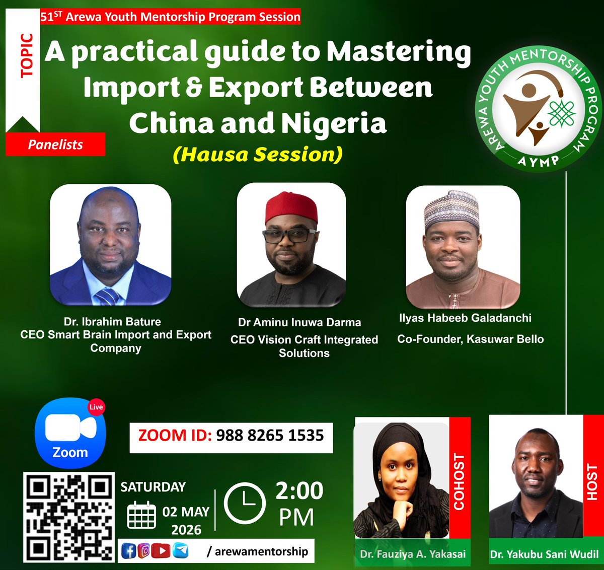 Wannan shiri zaizo anjima kadan da misalin karfe biyu na rana a Nigeria (2 PM), in sha Allah.

Zamu yi shi cikin harshen Hausa da yardar Allah. 

Join via Zoom:  bit.ly/aymp_session  
Or
(ID: 988 8265 1535)