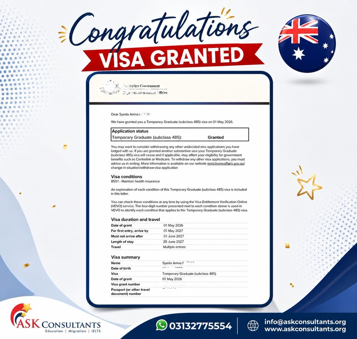 askconsultants0's tweet image. 𝐀𝐮𝐬𝐭𝐫𝐚𝐥𝐢𝐚 𝟒𝟖𝟓 𝐕𝐢𝐬𝐚 𝐒𝐮𝐜𝐜𝐞𝐬𝐬 🇦🇺🎉

PSW Visa Approved

• 485 PSW Visa Granted
• Spouse Visa Success
• Join Family in Australia

#AustraliaStudentVisa #VisaSuccess #485Visa #AustraliaFromPakistan #StudyAbroadPakistan #ASKConsultants
