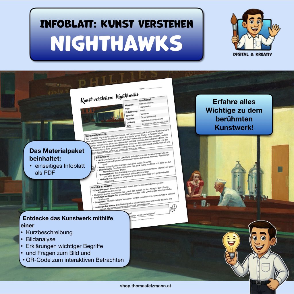 FelzmannThomas's tweet photo. Kunst verstehen: Nighthawks | Infoblatt zu einem berühmten Kunstwerk (1 Seite PDF)

Mit diesem kompakten und schülergerechten Infoblatt lernen deine Schüler*innen ein berühmtes Werk der modernen Kunst kennen.

https://t.co/hR8ojNLO1R https://t.co/HwsXsTHGpJ