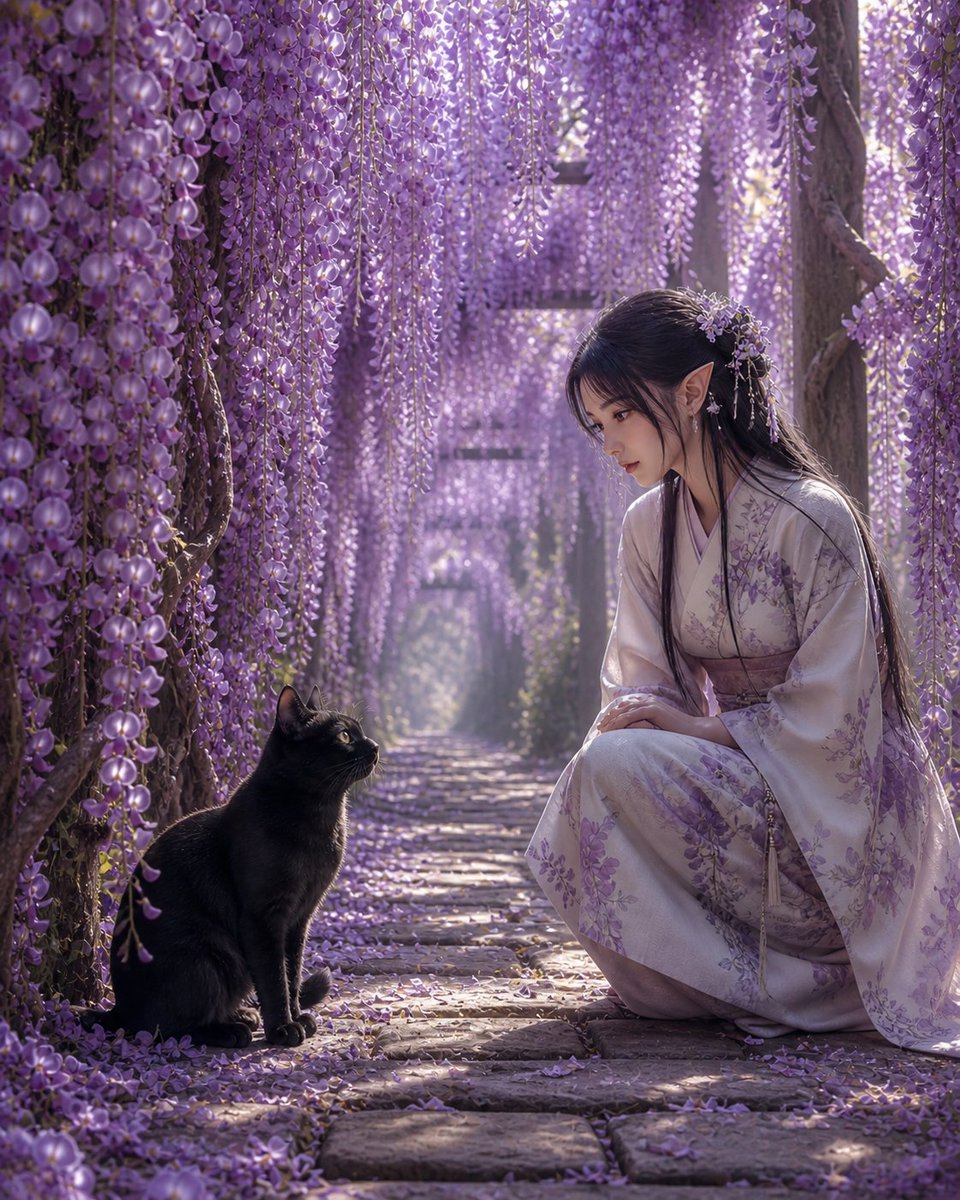 chatoubo's tweet photo. 藤の花の奥で、黒猫だけが知っている秘密に出会った。

#和風エルフ #黒猫 #藤の回廊 https://t.co/n7wvSOdmTm