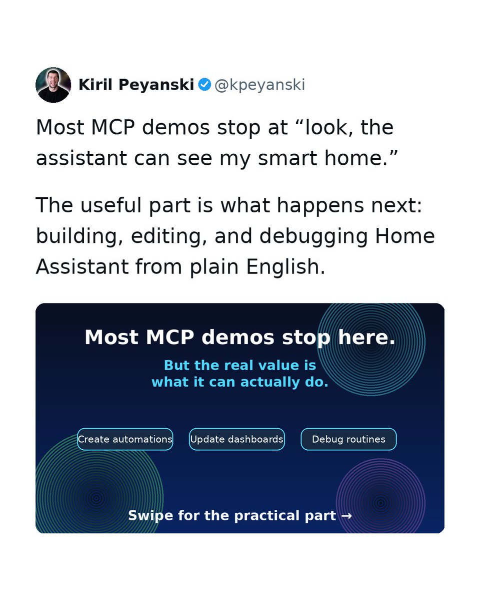 KPeyanski's tweet image. Part 2: this is where HA MCP gets useful beyond the demo 👇

#HomeAssistant #SmartHome #HomeAutomation #AI #MCP