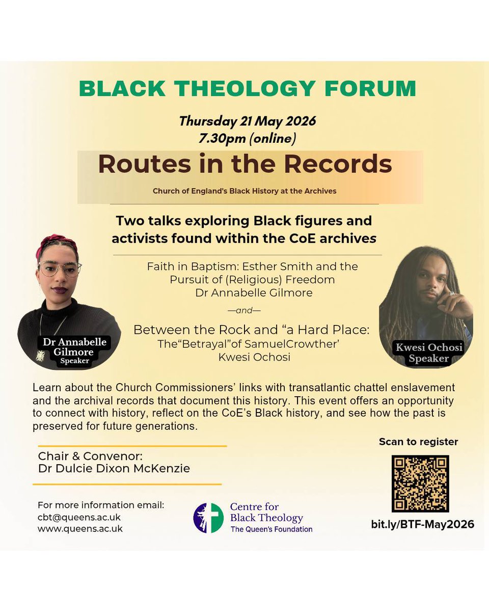 BlkHistStudies's tweet image. Don't miss the Black Theology Forum webinar 'Routes in the Records: Black History in the Church of England's Archives' on Thursday 21 May 2026 at 7.30pm. To book your place, go to tinyurl.com/3jv7vm4m #blackhistory #blacktheology