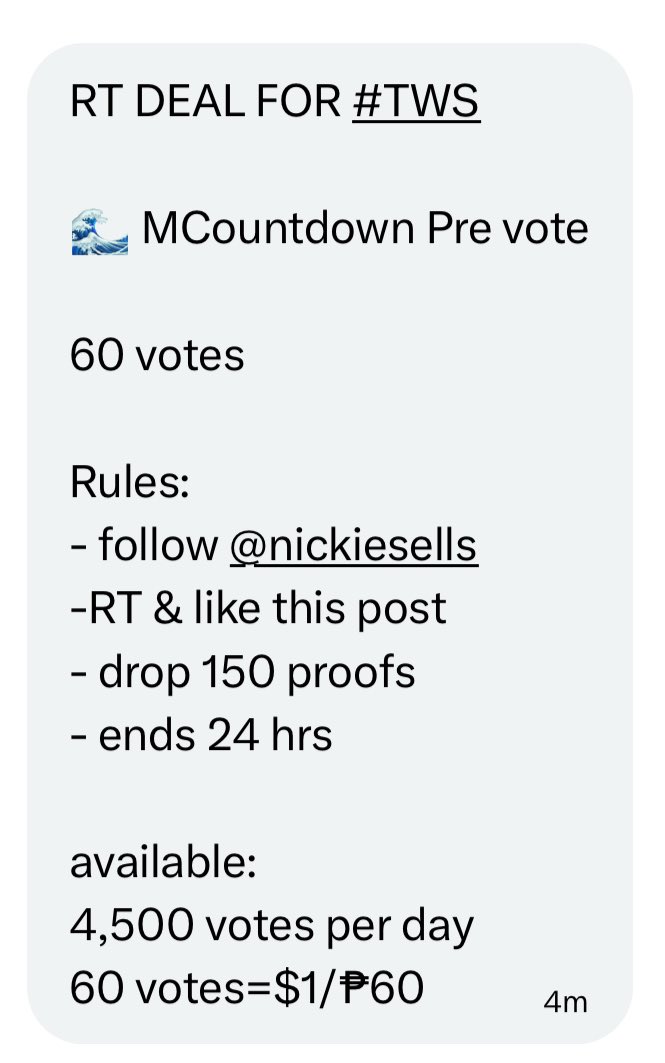 taeraevisionist's tweet photo. RT DEAL FOR #TWS

🌊 MCountdown Pre vote

60 votes

Rules:
- follow @nickiesells
-RT &amp; like this post
- drop 150 proofs
- ends 24 hrs

available:
4,500 votes per day
60 votes=$1/₱60 https://t.co/nkxOn2fsXZ