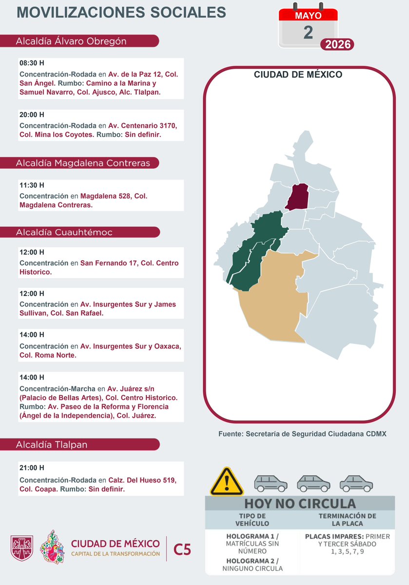 C5_CDMX's tweet image. ⚠️🗓️ #ENTÉRATE | Para hoy, 2 de mayo 2026, estas son las movilizaciones sociales previstas en la Ciudad de México.

#MovilidadCDMX #C5OjosDeLaCDMX  #C5CorazónDeLaCDMX #OjosDeLaCiudad