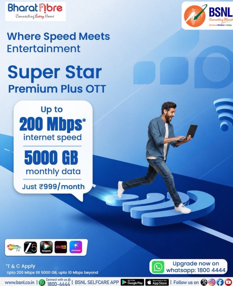 Kalyan_BSNL's tweet photo. 200 Mbps speed. 5000 GB data. Unlimited entertainment.

This isn’t just WiFi it’s a complete upgrade to your digital life.

Upgrade now on whatsapp: 1800 4444 

#BSNLIndia #superstar #speedinternet #WIFI #OTTStreaming #ReliableNetwork #connected #service @CMDBSNL @robertravi21 https://t.co/RmBJHAp6CK