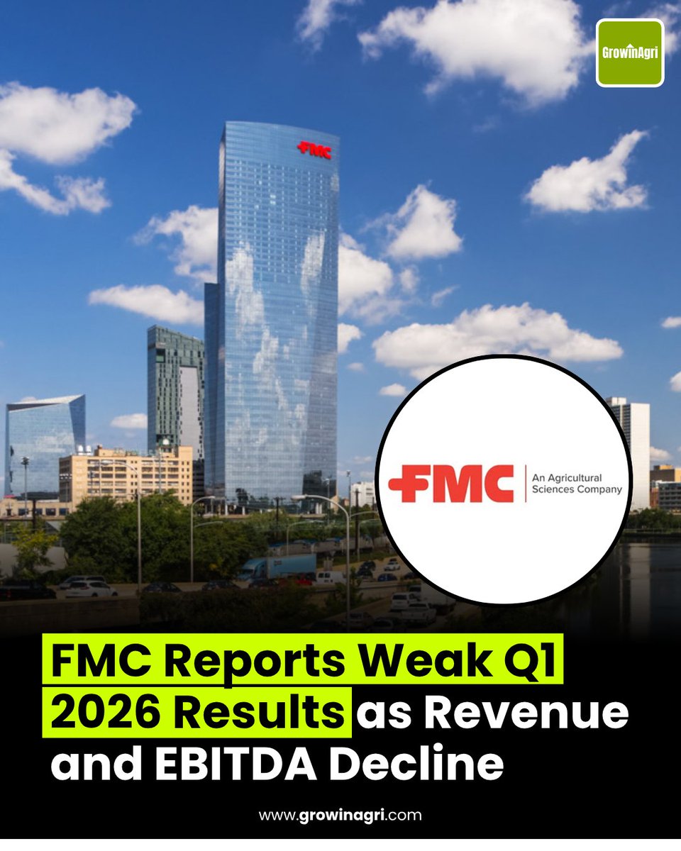 GrowinAgri's tweet image. FMC Corporation reported Q1 2026 #revenue of $759 million, down 4% year-on-year, while adjusted #EBITDA declined 40% to $72 million amid pricing pressure and higher costs.

The company posted a #GAAP net loss of $281 million and an adjusted loss per share of $0.23
