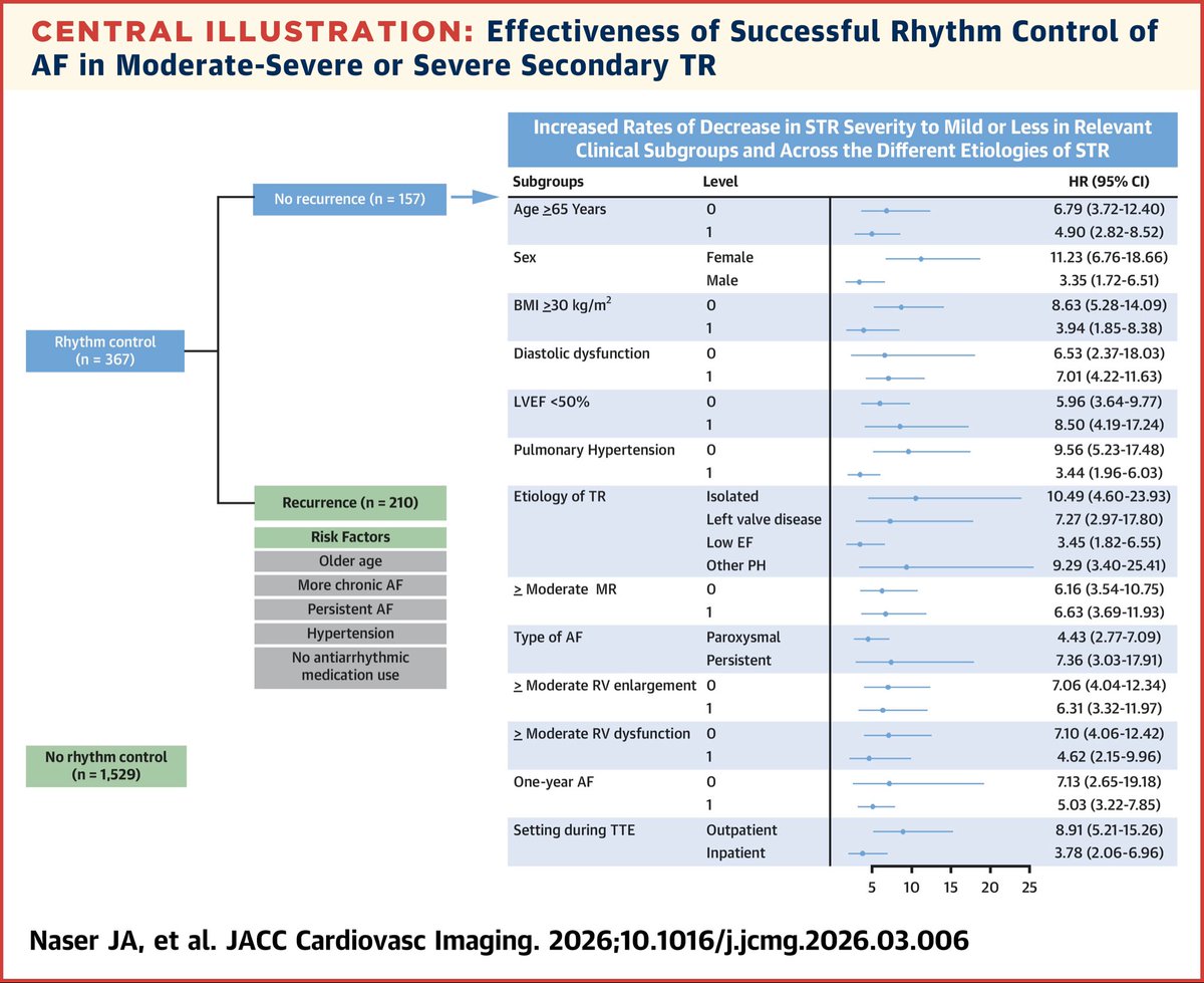drbennisahmed's tweet photo. Can restoring sinus rhythm reverse tricuspid regurgitation? New data says yes — if you succeed. 📁
In 367 AF patients with moderate-severe or severe secondary TR undergoing rhythm control:
• 157 (43%) had NO recurrence → dramatically higher rates of TR improvement to mild or less
• HRs for TR improvement were striking across nearly ALL subgroups
• Female sex showed the strongest effect (HR 11.23)
• Isolated TR etiology also showed large benefit (HR 10.49)
Risk factors for recurrence: older age, chronic/persistent AF, hypertension, no antiarrhythmic meds.
Successful rhythm control = a real shot at TR reversal.
Naser JA, et al. JACC Cardiovasc Imaging. 2026 👇
https://t.co/1Lcfysrkvi

#TricuspidRegurgitation #SecondaryTR #AtrialFibrillation #AFib #RhythmControl