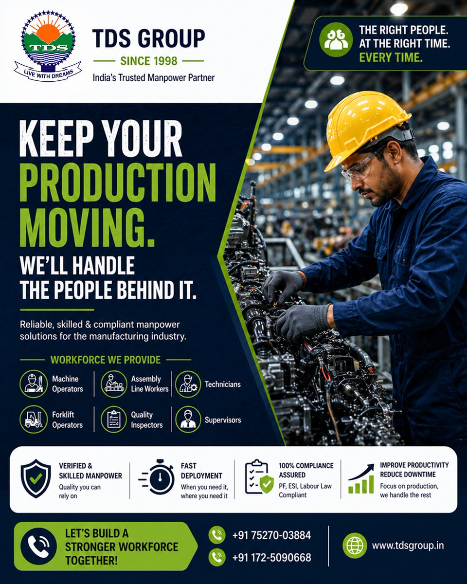 TDSGROUP2's tweet image. Every minute of downtime costs you money.

The right workforce ensures your production never stops.

We provide reliable, skilled manpower so you can focus on output — not hiring problems.

#tdsgroup #manufacturing
 #production #industrial #manpower #staffing #operations