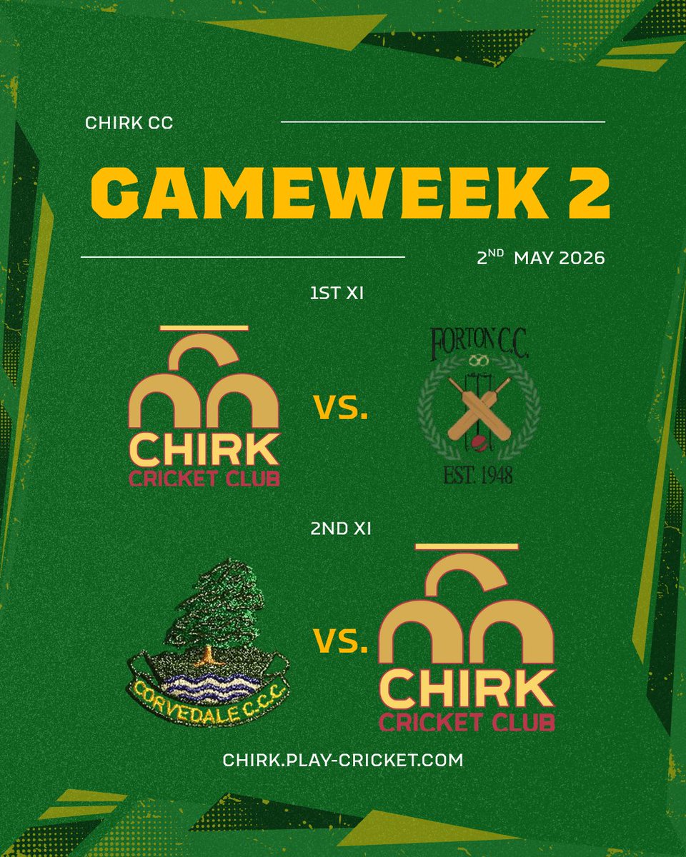 ChirkCC's tweet photo. Gameweek 2 💚💛

1st XI vs Forton CC 🏏
2nd XI vs Corvedale CC 🏏

Let’s go, Chirk 🙌

#ChirkCC #GameDay https://t.co/0y9eWhzIS0