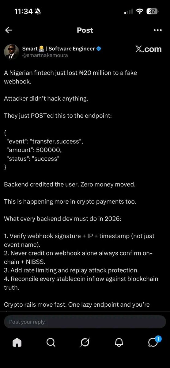 I saw this wonderful post by <a href="/smartnakamoura/">Smart👨‍💻 | Software Engineer</a> about a  Webhook forgery attack. 

I want to point out another type of attack: Replay Attack. 

Typically, an attacker may not even forge the Webhook. What they'd do is intercept a legit Webhook, then send it to your server 100 times.