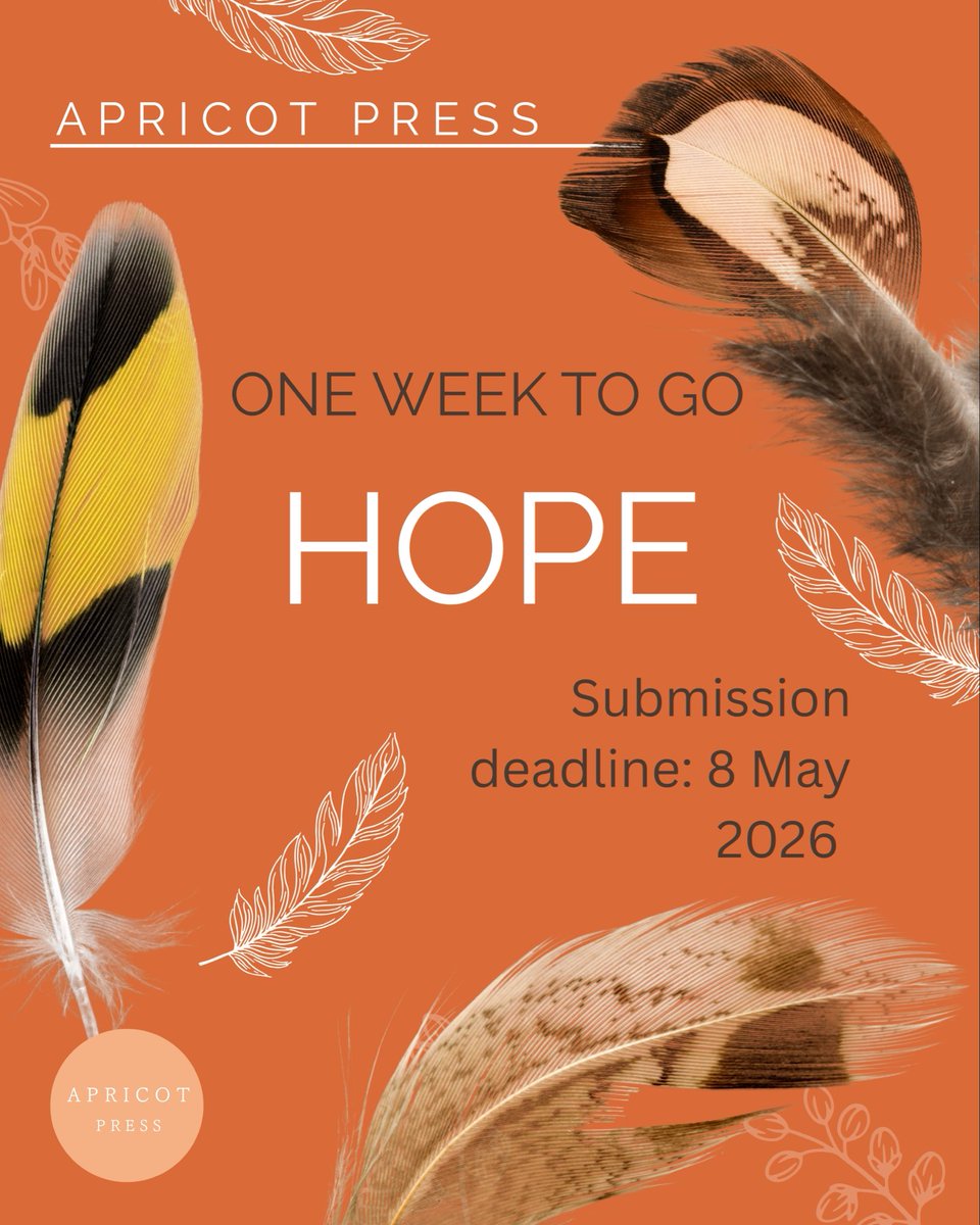 ApricotPress's tweet photo. You have one week left to submit to our current theme 🕊️ HOPE 🕊️

Deadline: midnight, 8 May 2026

Read all about the theme and our submission guidelines on our website, linked in the bio! 

#submissionsopen #submittous #apricotpress #apricotpresslit #literaryjournal https://t.co/5bCDNCW2ab