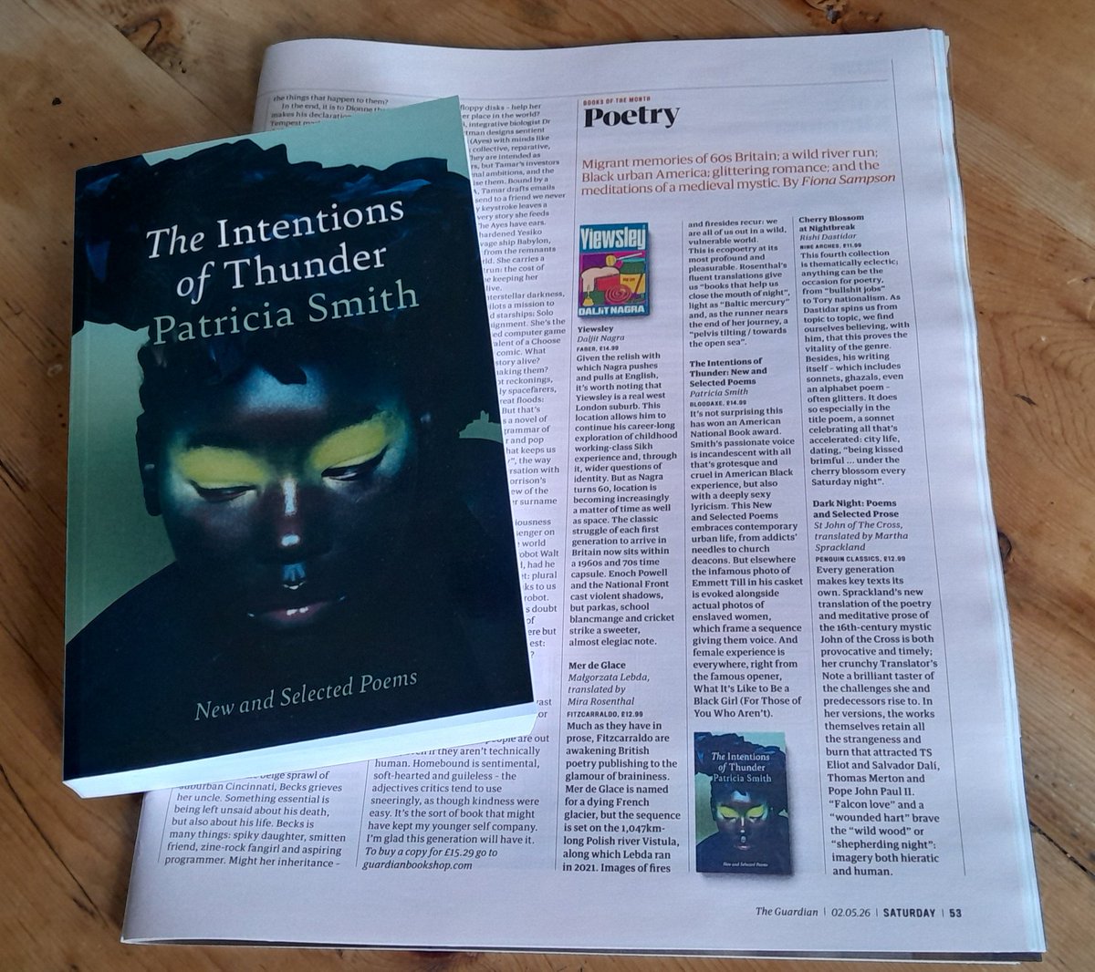 BloodaxeBooks's tweet photo. Fiona Sampson's review of American poet Patricia Smith's retrospective is in The Guardian's @GdnSaturday magazine of 2 May. 

The Intentions of Thunder is out in the UK &amp; Ireland from @BloodaxeBooks this month and is a @PoetryBookSoc Special Commendation.
https://t.co/Y9S97PyxEl https://t.co/zPjjrSOl9w