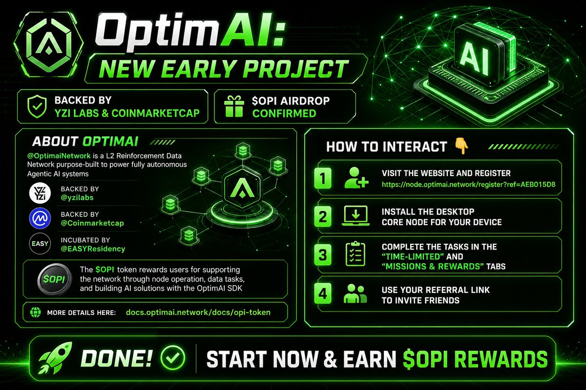 Oxgiddy's tweet photo. 🚀@Optimainetwork : Still super Early Project

✅ Backed by Yzi Labs & CoinMarketCap  
🎁 $OPI Airdrop Confirmed  

> OptimAI is a Layer 2 Reinforcement Data Network powering autonomous Agentic AI systems  

🔹 Incubated by EASY Residency  
🔹 Earn rewards via nodes, data tasks & AI building  ✅

🔥 How to Participate  
> Register on the platform: https://t.co/S6e4Vhc0yi 
>  Install Nodes for diffewrent device
- Core node : Desktop UI Node. 
- lite Node : Browser Extension Node 
- Edge node : on phone app  ✅

> Complete Missions & Tasks  
>  Invite friends  
> OptimClaw Rewady to use ✅

✅ Start Now & Earn $OPI Rewards