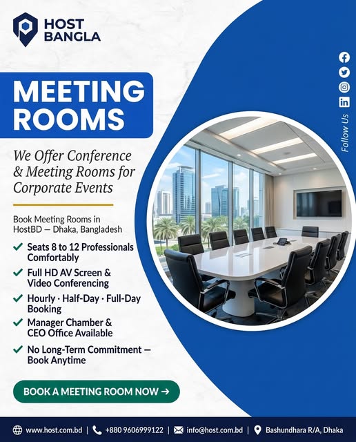 host_bd1's tweet image. 🏢 We Offer Conference &amp;amp; Meeting Rooms for Corporate Events — Elevate Every Business Gathering
Limited availability — book your preferred time today.
📱Call: +8801711993377
📧 Email: info@host.com.bd
🌐 Web: host.com.bd
#MeetingRoom #ConferenceRoom #CorporateEvents