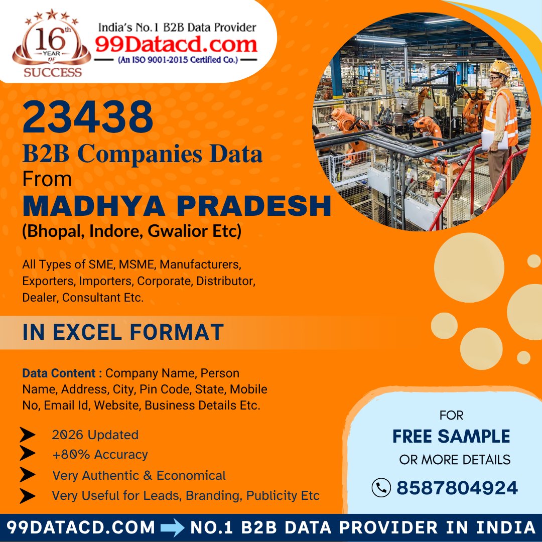 99DataCD's tweet photo. Unlock 23,000+ Verified B2B Leads from Madhya Pradesh!

Looking to grow your business in Bhopal, Indore, Gwalior &amp; across MP?
Get access to a powerful, 2026-updated database of 23,438 

💬 Grab your FREE sample today or contact now: 8587804924

#B2BLeads #MadhyaPradeshBusiness https://t.co/GijyFT3E5Z