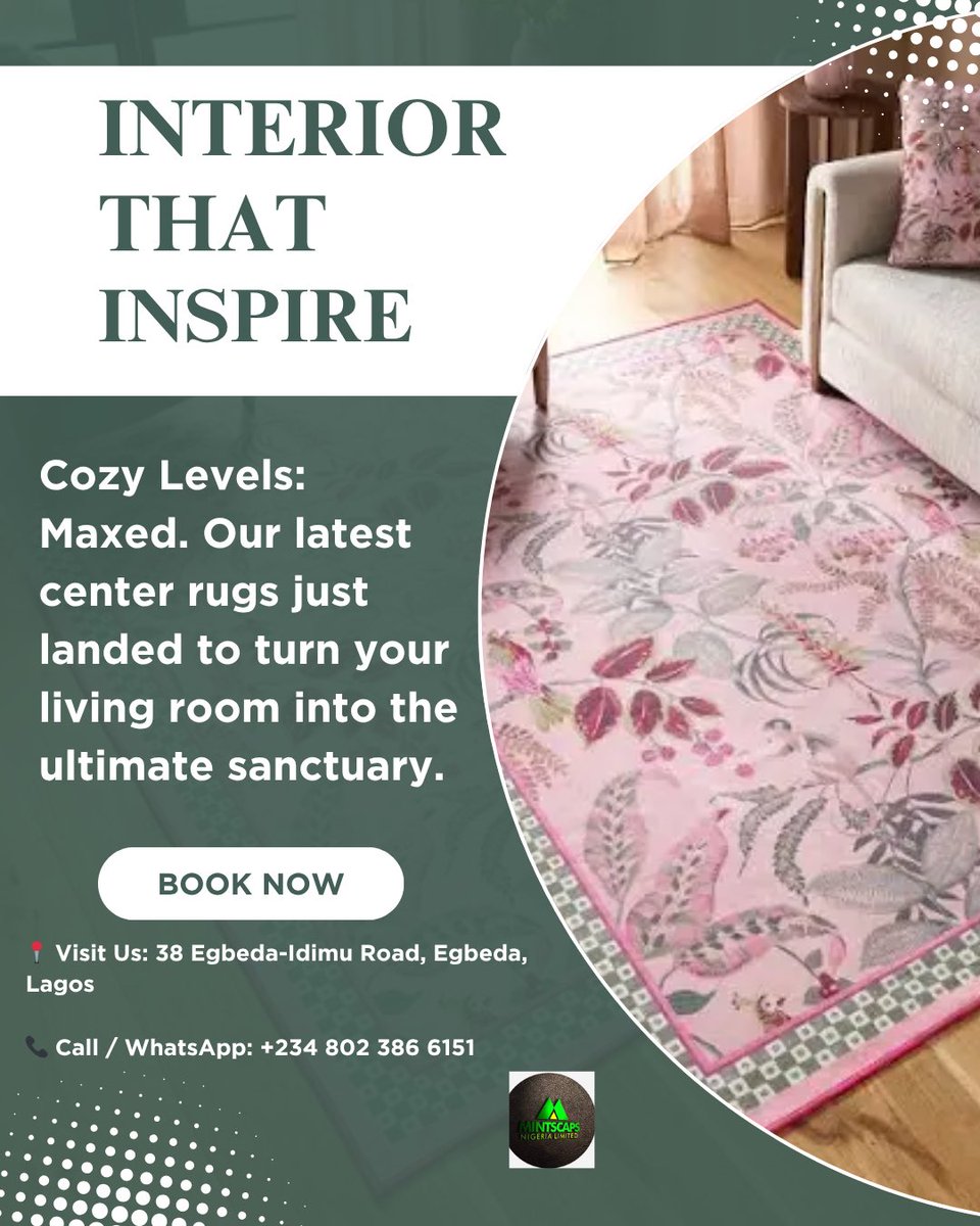 PatrickBalogun7's tweet image. Cozy Levels: Maxed. Our latest center rugs just landed to turn your living room into the ultimate sanctuary.

📍 Visit Us: 38 Egbeda-Idimu Road, Egbeda, Lagos

📞 Call / WhatsApp: +234 802 386 6151

Copyright ©️ Mintscaps Nigeria Limited

#HomeDecor #InteriorDesign #CenterRugs