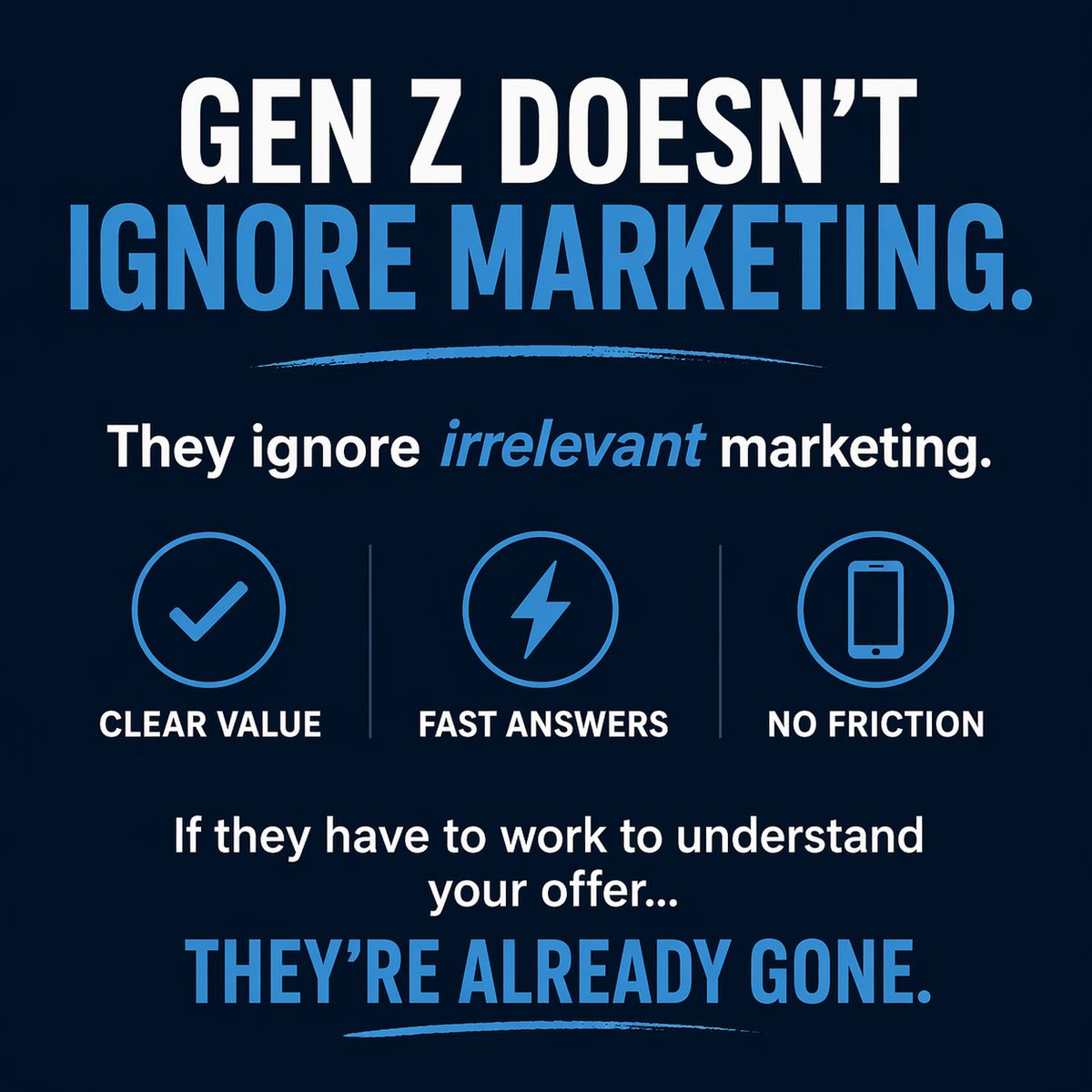 datadale's tweet photo. Gen Z doesn’t ignore marketing.
They ignore irrelevant marketing.

They want:
-- Clear value
-- Fast answers
-- No friction

If they have to work to understand your offer…they’re already gone. https://t.co/xrc1fl15IQ