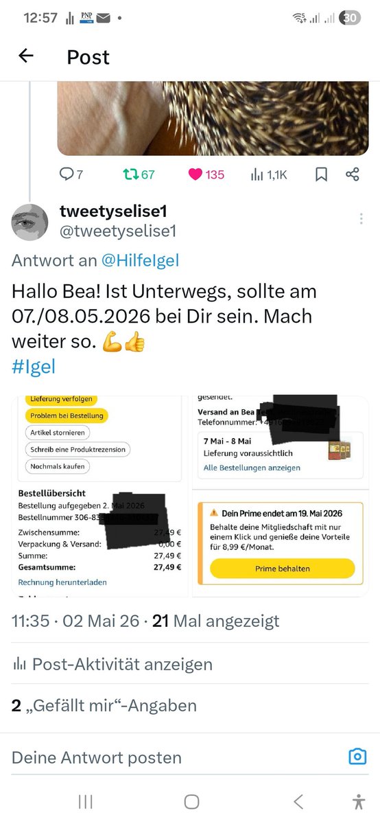 tweetyselise1's tweet image. Damit Igel  Ingo und seine Freunde nicht verhungern,habe ich wieder Soldatenfliegen an @Igelhilfe gespendet.Wer ein paar € übrig hat,  beteiligt sich vielleicht. 👇🦔🦔🦔 
#Igel