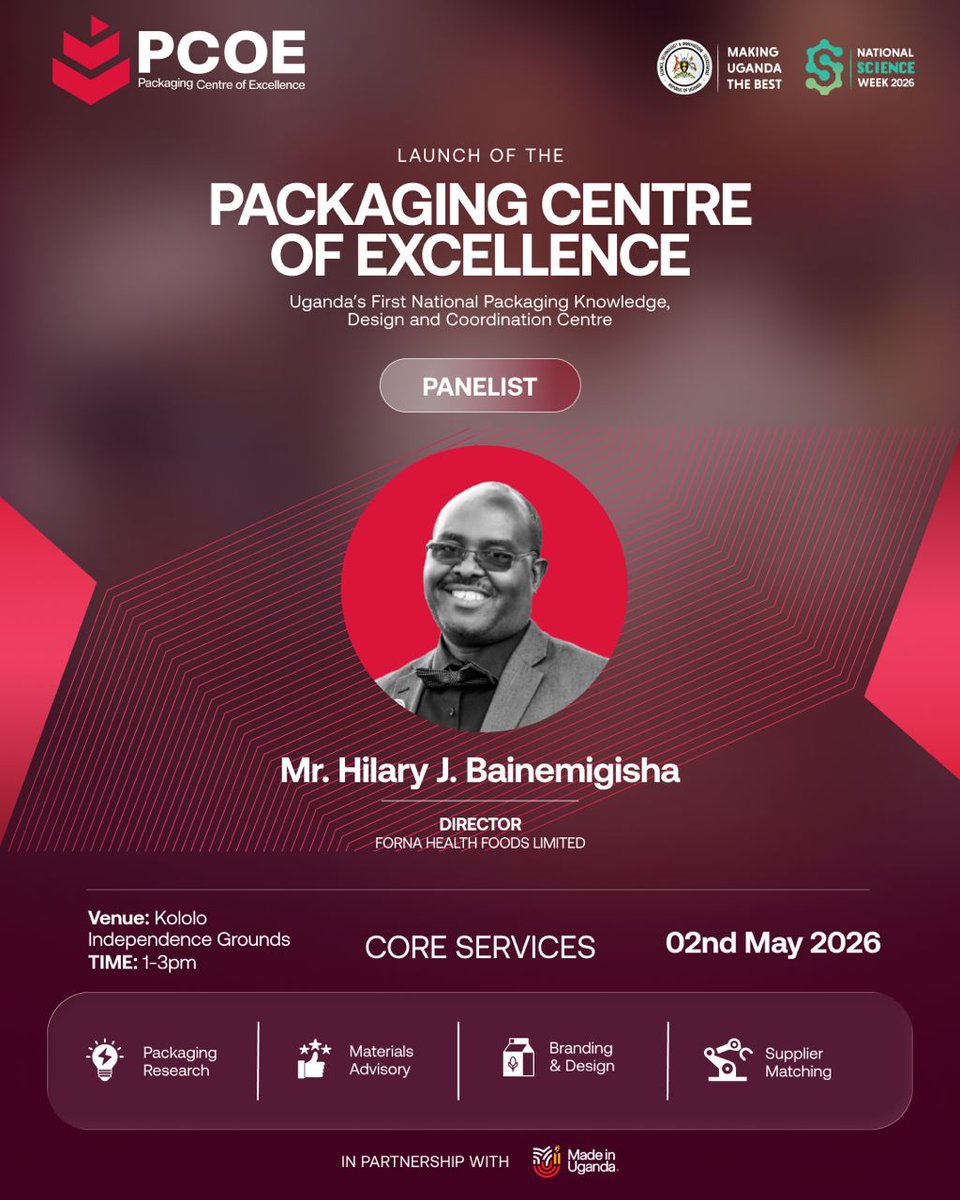 PamAtuheirek's tweet photo. The #PCOEUg is officially launching today. Don't miss panelist Mr. Hilary J. Bainemigisha (Director, Forna Health Foods Ltd) as he discusses the future of Ugandan packaging, design & innovation.
📍 Kololo Grounds
🕐 1 PM - 3 PM
🗓 Today, 02nd May
#MadeInUganda https://t.co/yOUHJC1ShI