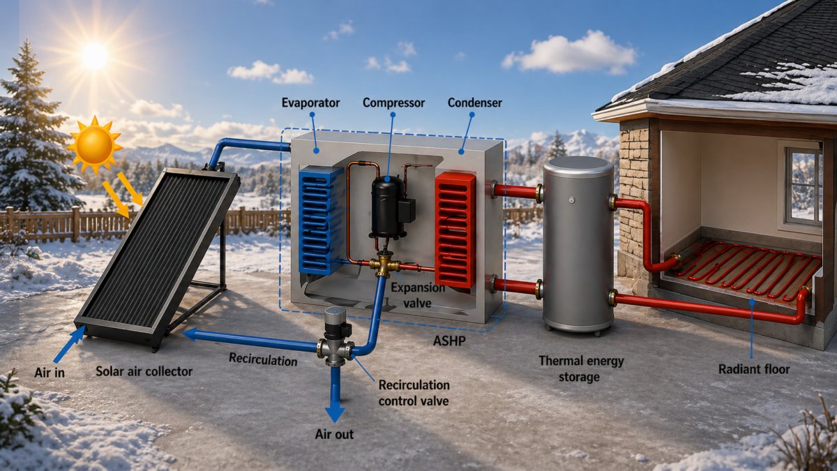 pvmagazine's tweet image. Solar-assisted air-source heat pump for radiant floor heating: Researchers in Canada designed an air-source heat pump integrated with an air-based solar collector and radiant floor heating for cold climates,… dlvr.it/TSKwsX #Photovoltaics #EnergyStorage #RenewableEnergy