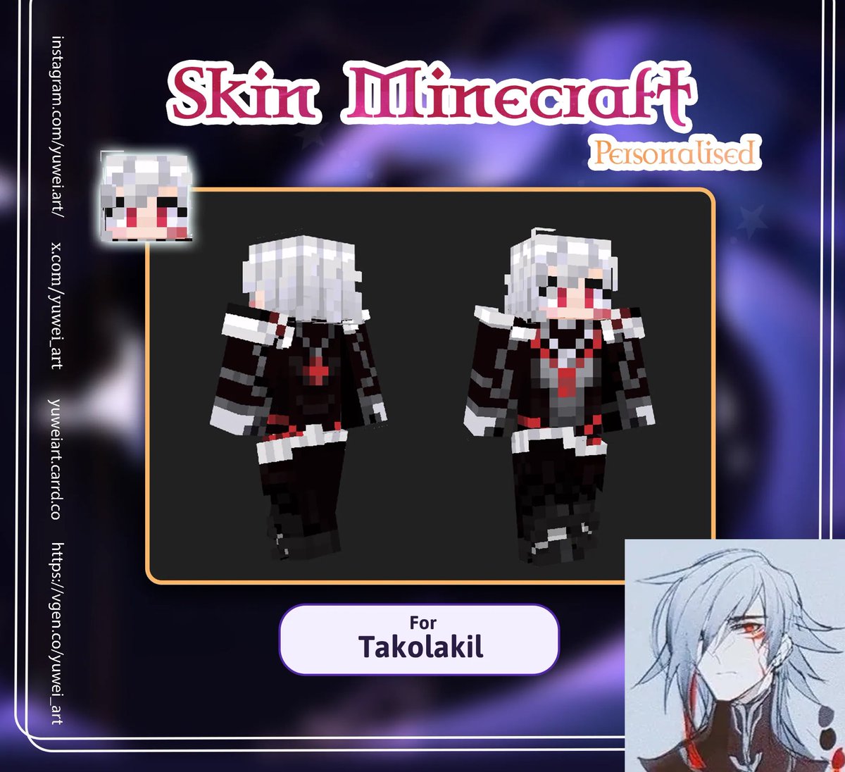 takolakil's tweet photo. Je tenais à remercier publiquement @yuwei_art pour la commission de mon skin Minecraft personnalisé ! ✨
Le talent est juste insane, le design colle parfaitement à ce que j’imaginais. Merci infiniment pour ton travail !
#Minecraft #SkinMinecraft #Commission #MinecraftSkin #VTuber #VtuberFR