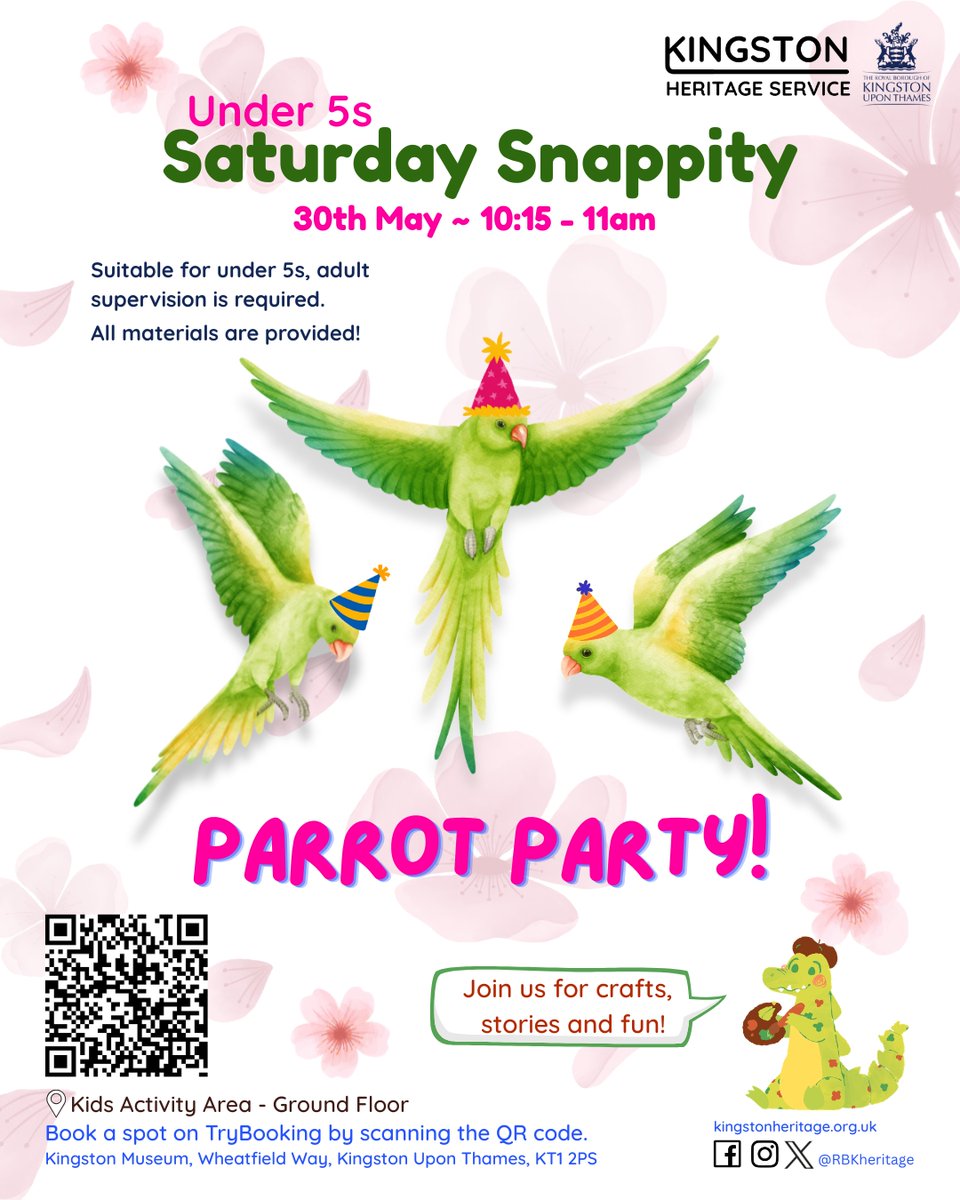 RBKheritage's tweet photo. 🦜Saturday Snappity - Parrot Party! - 30th May - 10:15 am to 11am
https://t.co/Q6vpOWka6U

Join us for making a parrot craft, reading a story and a fun activity! All materials are provided. These workshops are for children under 5, adult supervision is required.

The workshop will be held in the Kids Activity Area - Ground Floor.

To book, please click the link in our bio or scan the QR code. To avoid disappointment, please book in advance as these workshops can get busy. Thank you!

See you there!🐊
Snap snap

Location
kingston Museum
Wheatfield Way, Kingston upon Thames, KT1 2PS

#saturdaysnappity #kingston #rbkheritage #kingstonuponthames