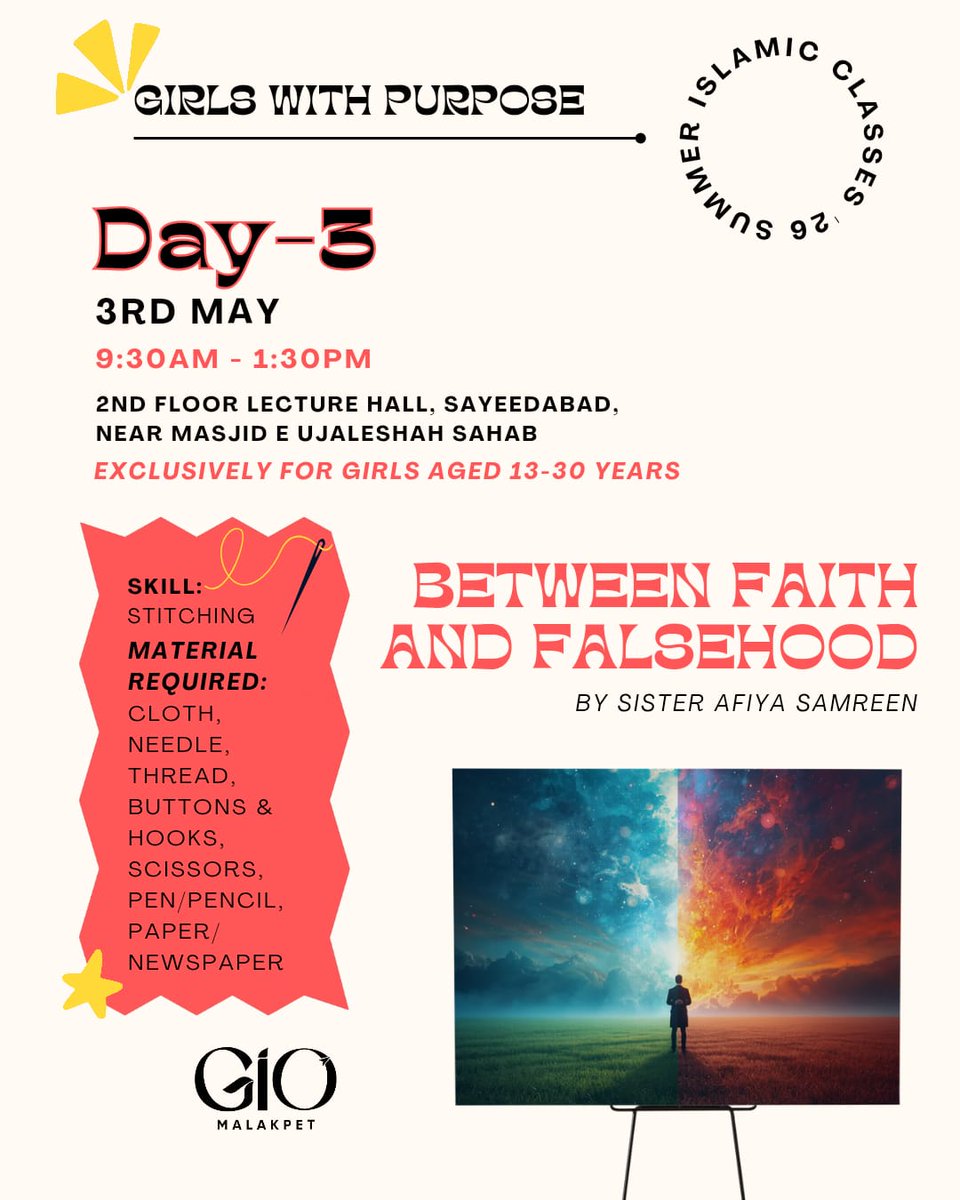 Day 3 of Girls With Purpose ✨
Join us for an inspiring session on “Between Faith and Falsehood” along with a practical stitching skill activity. 🧵🌸
#GirlsWithPurpose #SummerIslamicClasses