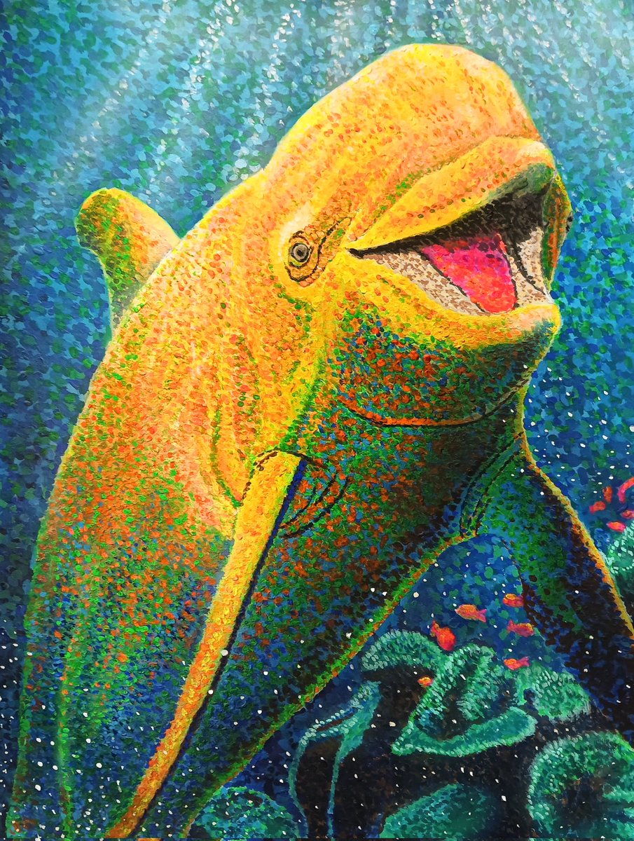 イルカ」を描きました。 この作品は色鉛筆とアクリル絵の具を使いまし