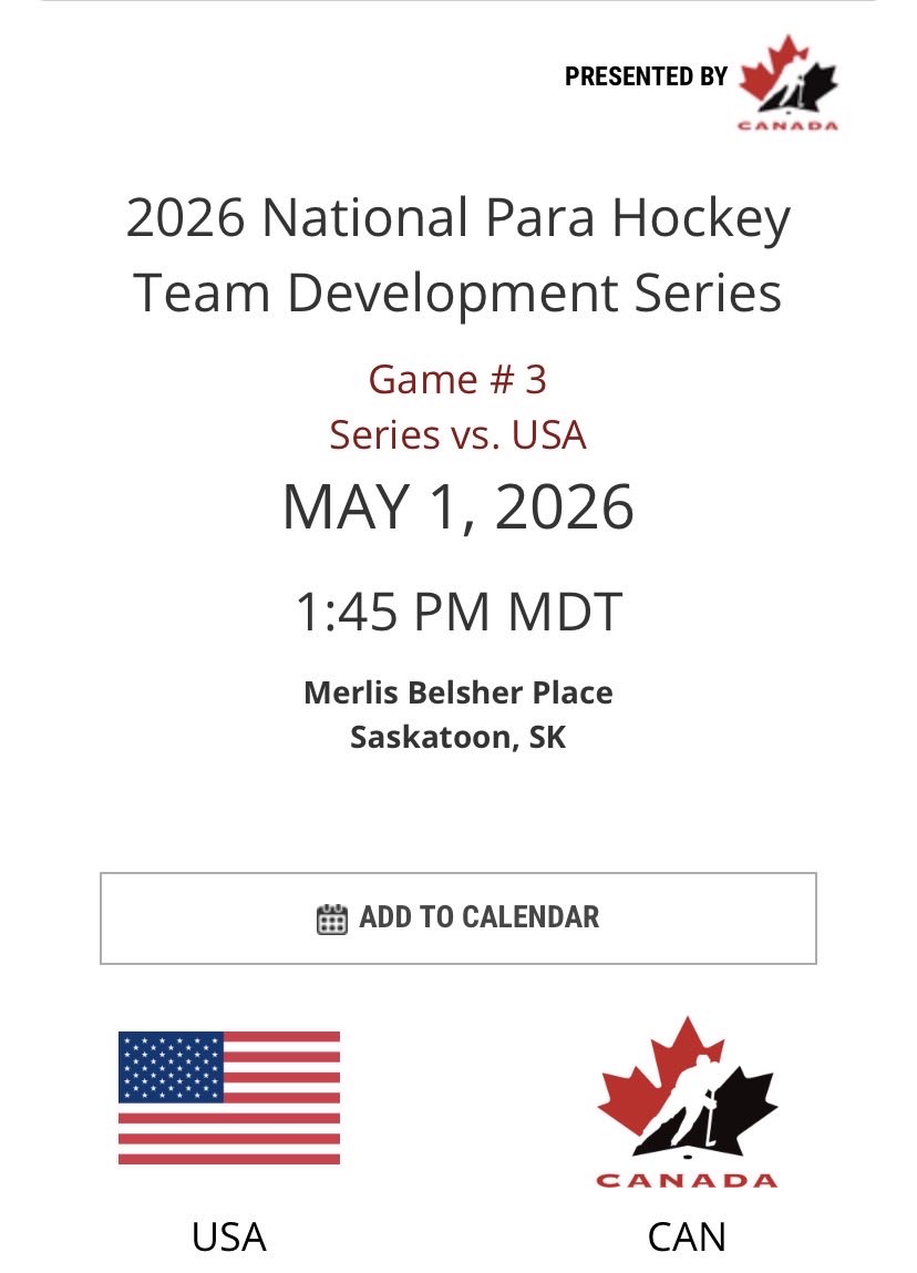 BCHockey_Refs's tweet photo. BCHockey High Performance Official Caden Fanshaw is assigned to Hockey Canada’s 2026 National Para Hockey Team Development Series held in Merlis Belsher Place in Saskatoon Saskatchewan. #morethandroppingpucks https://t.co/AwASNK37JB