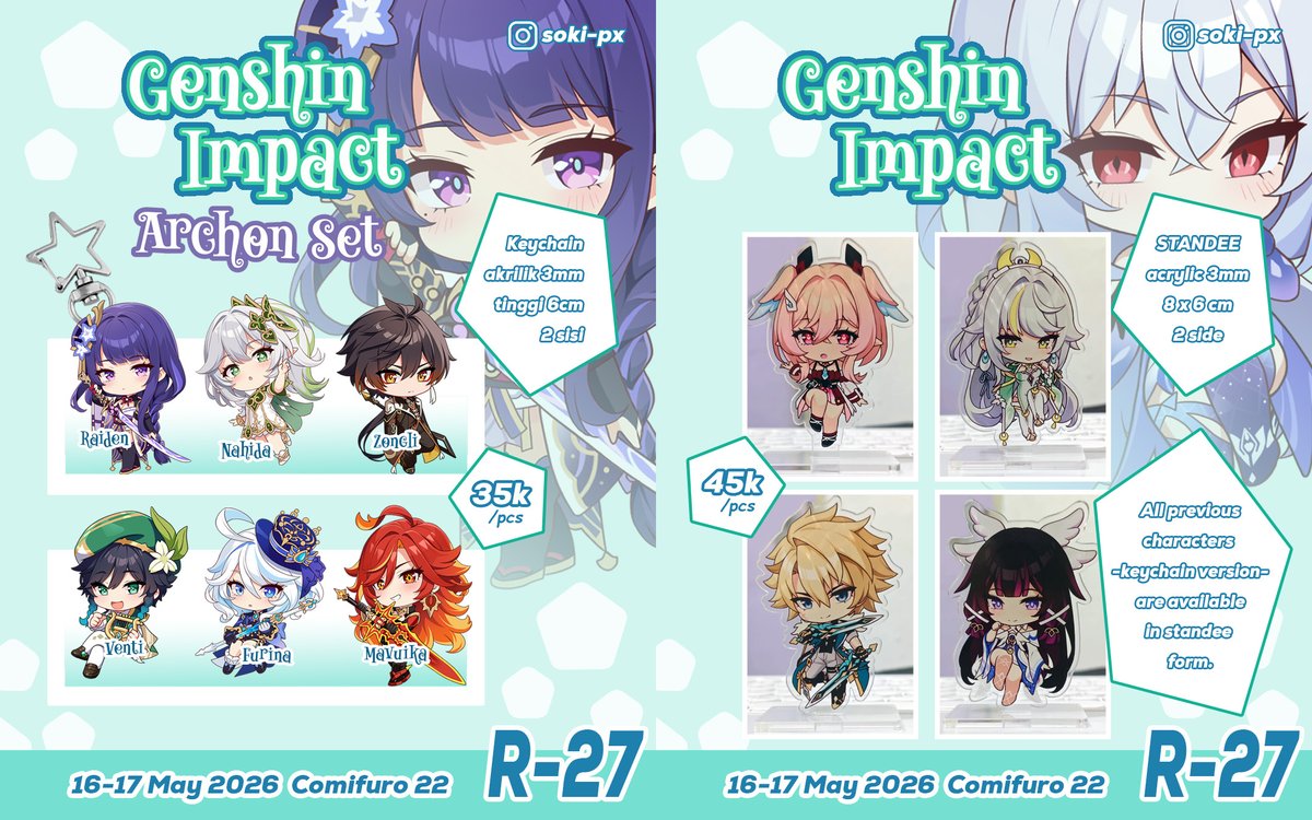 soki_px's tweet photo. We will be back at the #comifuro22 event which will be held on 16-17 May 2026 (Both) ICE BSD City

Booth no. R-27
(Hall 7)

HSR and Genshin Merch
Keychain, Standee, Pop Socket, Card Holder, Sticker, Art Print, Freebies, Gacha &amp; more!

For PO more info DM us!
#comifuro22catalogue https://t.co/rxc6vLNBb8