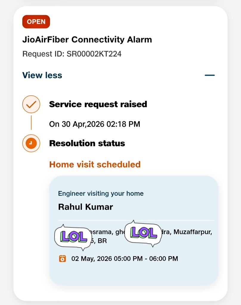 Shubhashu_'s tweet photo. @JioCare First my service visit was scheduled for 2–3 PM, now it’s shifted to 5–6 PM. This is after 3 days of waiting! Constant rescheduling with no resolution — is this how your team works? Extremely poor service and zero respect for customer time. Fix this ASAP! https://t.co/ZdihlNP7zq
