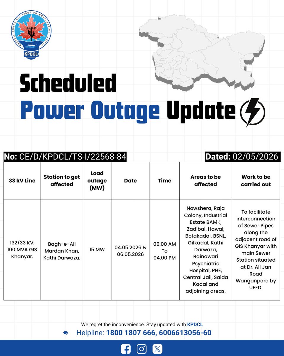 kpdcloffice's tweet photo. Scheduled Power Shutdown Update of 33 KV Line.

Stay prepared!

We regret the inconvenience caused.

#KPDCL #SHUTDOWN

@CM_JnK @OfficeOfLGJandK @diprjk @nasirsogami
@DivComKash @GreaterKashmir @RisingKashmir https://t.co/ZnaLxQzFea