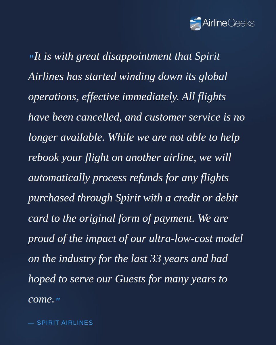 AirlineGeeks's tweet image. #BREAKING OVERNIGHT: @SpiritAirlines announces they are winding down global operations and all flights are canceled. Here is part of what's posted on their social media and our story ➡️ vist.ly/42pec 

#spiritairlines #spirit #breakingnews #aviation #aviationnews