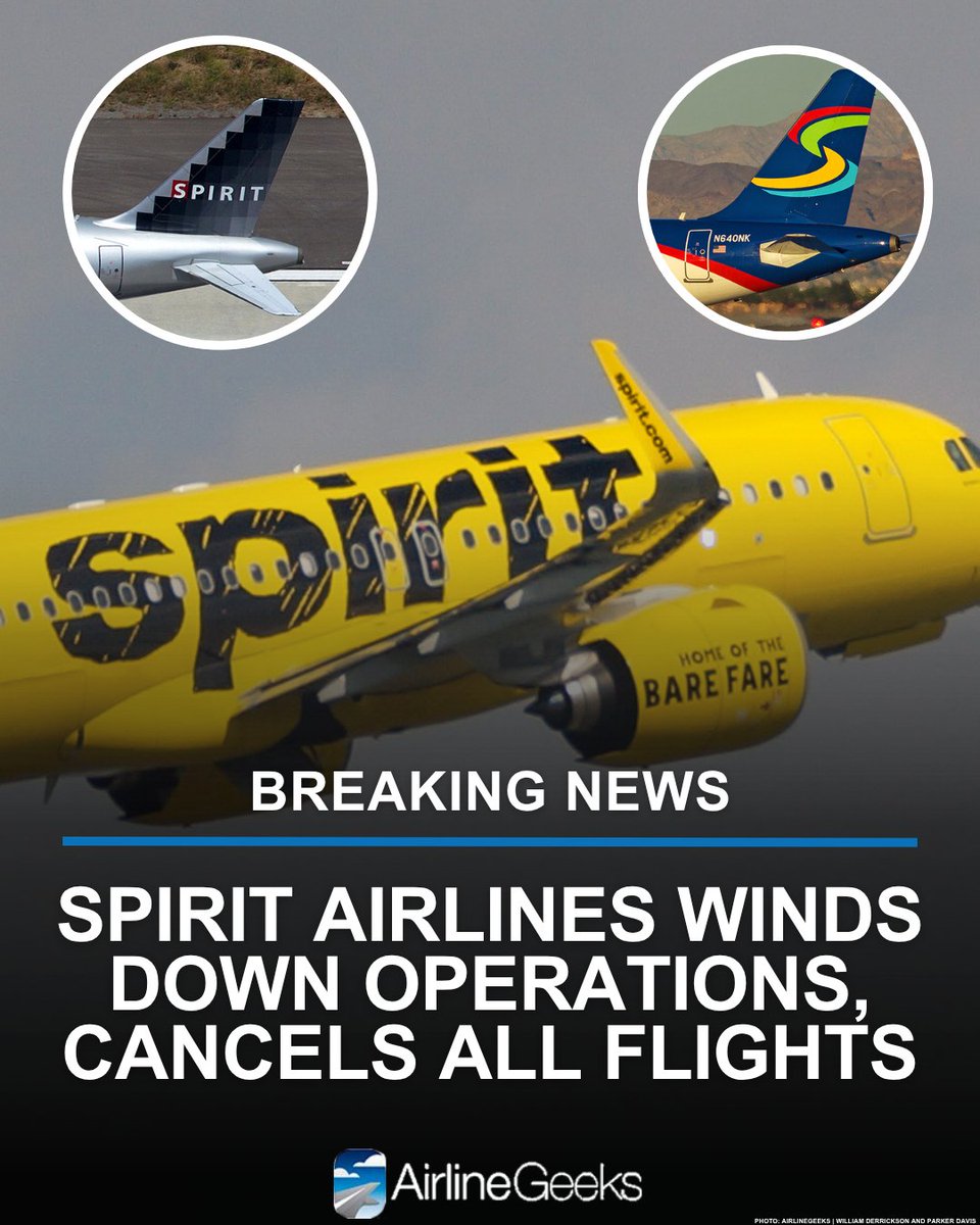 AirlineGeeks's tweet image. #BREAKING OVERNIGHT: @SpiritAirlines announces they are winding down global operations and all flights are canceled. Here is part of what's posted on their social media and our story ➡️ vist.ly/42pec 

#spiritairlines #spirit #breakingnews #aviation #aviationnews