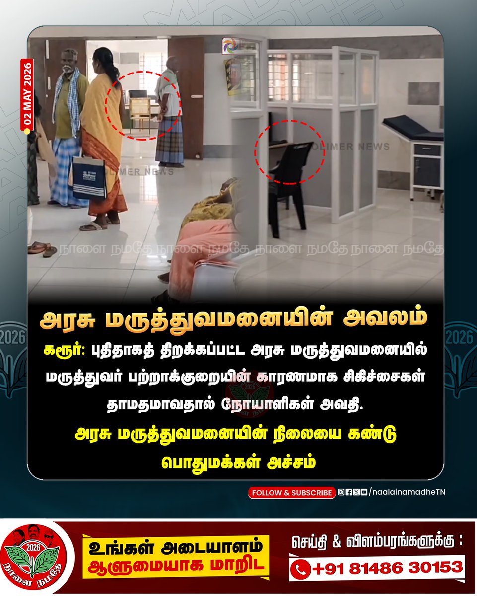 NaalaiNamadheTN's tweet image. கரூர்: புதிதாகத் திறக்கப்பட்ட அரசு மருத்துவமனையில் மருத்துவர் பற்றாக்குறையின் காரணமாக சிகிச்சைகள் தாமதமாவதால் நோயாளிகள் அவதி.
@Subramanian_ma 

#Karur | #Subramanian | #Govthospital | #Dmkgovt | #NaalaiNamadhe | #NaalaiNamadheTn |