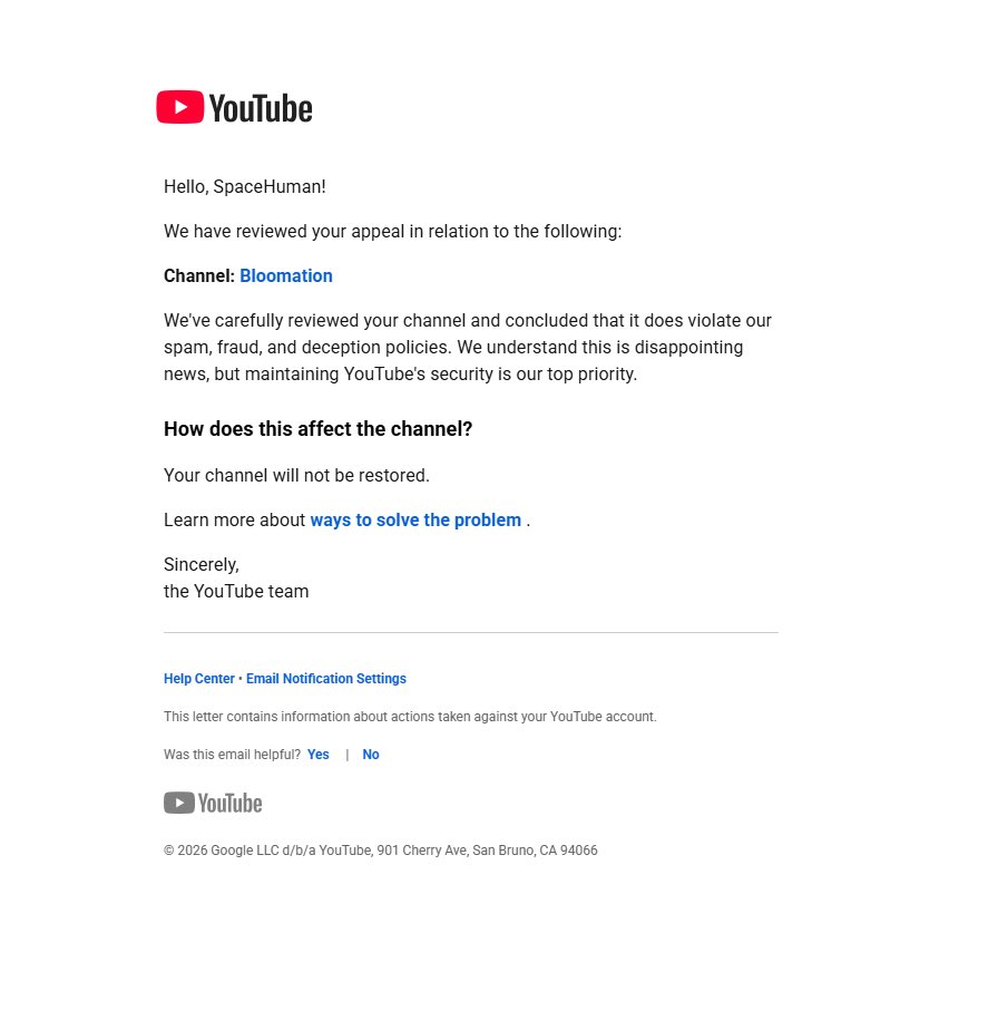 LevelLabs2gvb's tweet photo. Dear @TeamYouTube, please return the channel Bloomation to its author - @CCountryz18217. You have acted unfairly towards him; he has never violated your rules, yet you didn't even bother to conduct a manual review. How can we, ordinary creators, not be afraid of your platform? https://t.co/YF6vWn4sWv